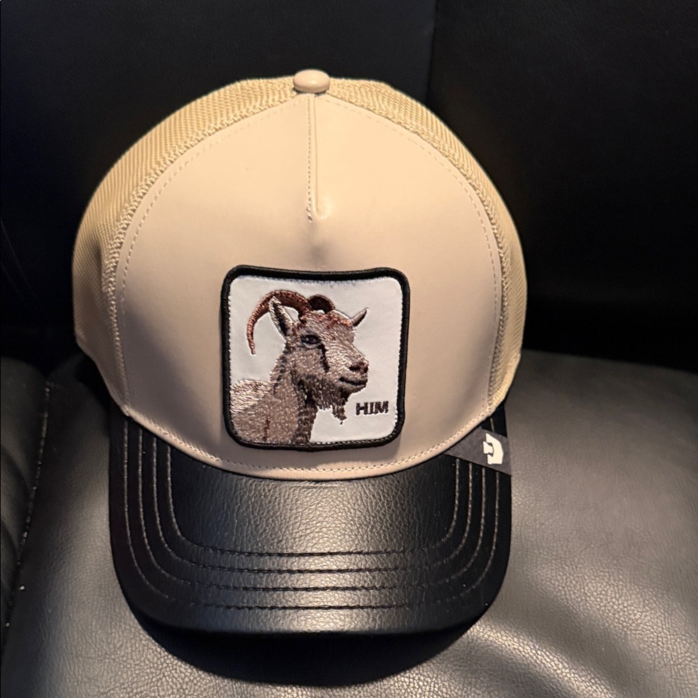 Faux leather Beige and Black Goat Patch Hat. Him.